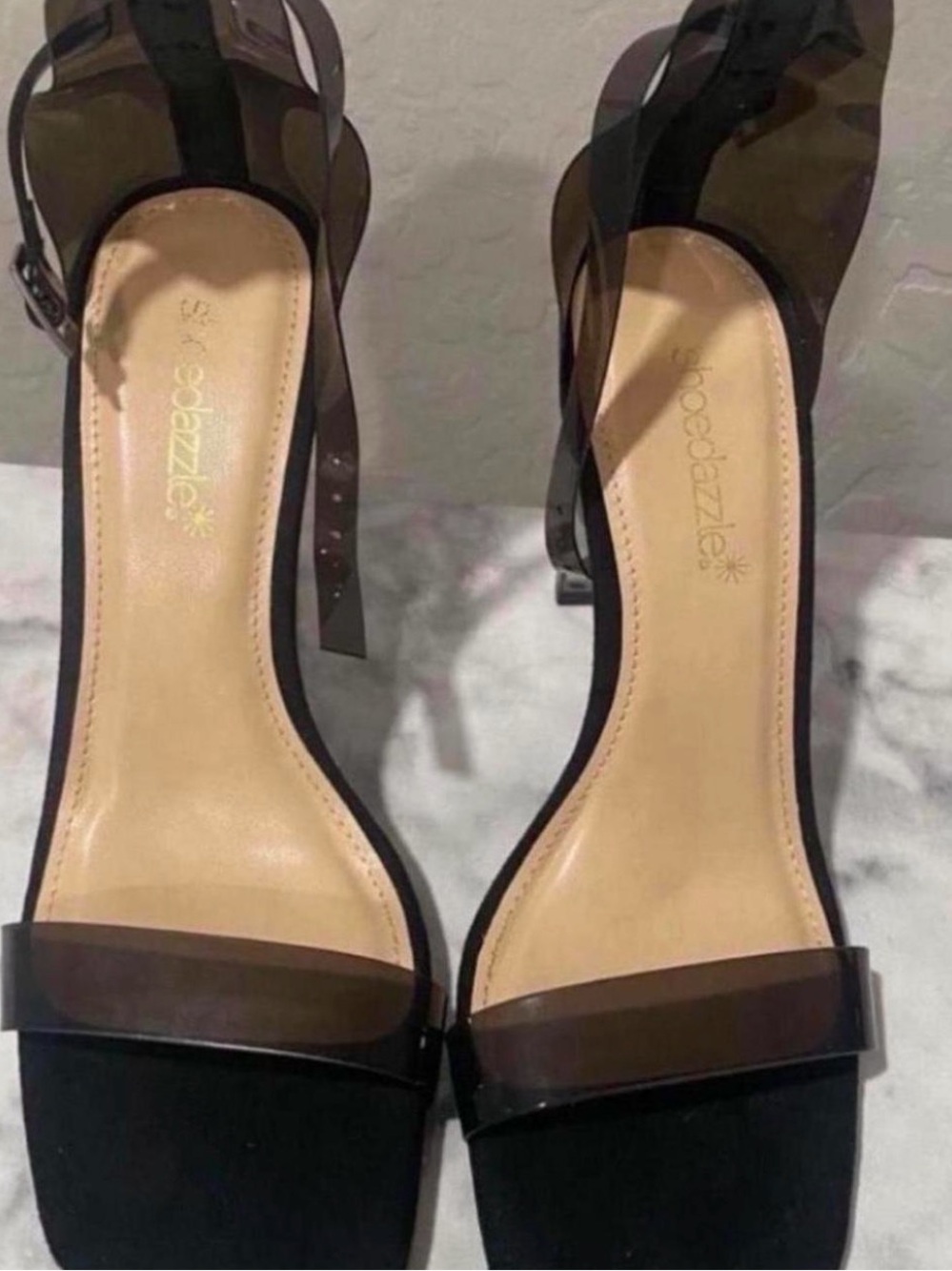 Shoe Dazzle Black Sandals with Clear Smoke Straps